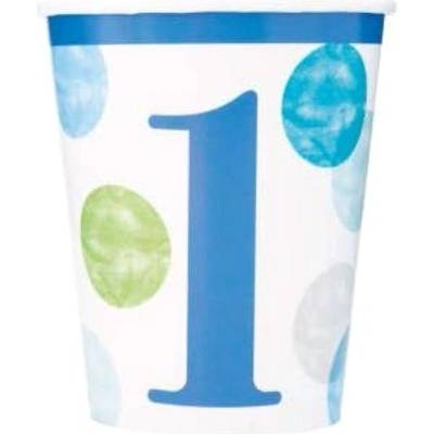 Papierové tégliky 1. narodeniny modré s bodkami 270 ml 11179733064