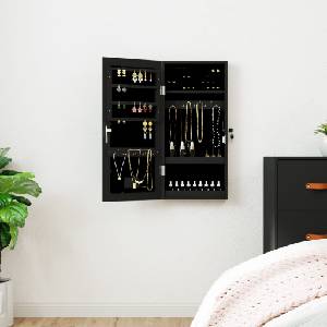 vidaXL Огледален шкаф за бижута с LED осветление, стенен монтаж, черен (353248)
