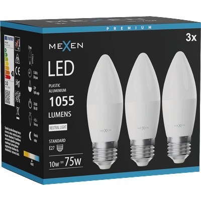 Mexen Nova 3x LED крушка E27, C37, 10W, Неутрална - 4000K, 1055 lm - L102-E27-1040-01x03 (L102-E27-1040-01x03)