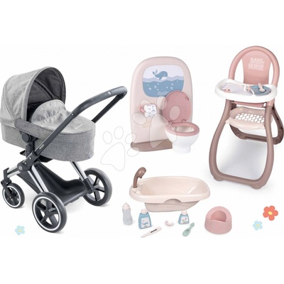 Corolle Set kočík s vaničkou a nočníkom bábiky Cybex Landau 3v1 Priam a záchod s kúpeľnou a jedálenskou stoličkou pre bábiky