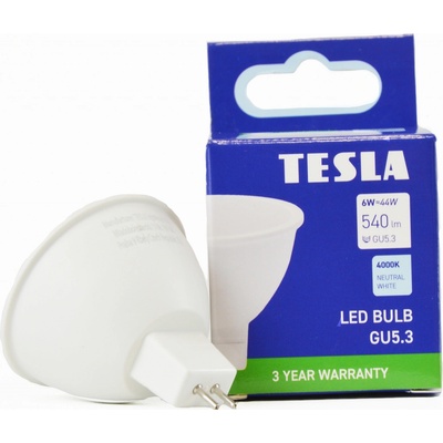 Tesla LED žárovka GU5,3 MR16, 6W, 12V, 540lm, 25 000h, 4000K denní bílá, 100st