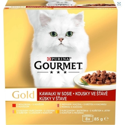 Gourmet hovädzie / morka s kačicou / losos s kuraťom / kurča s pečeňou v šťave 8 x 85 g
