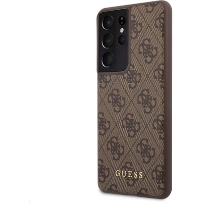 GUESS 4G Charms Collection Hard Case - дизайнерски кожен кейс за Samsung Galaxy S21 Ultra (кафяв)