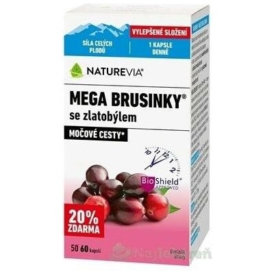 NatureVia Mega Brusinky se zlatobýlem kapsle pro zdraví močových cest 60 kapslí