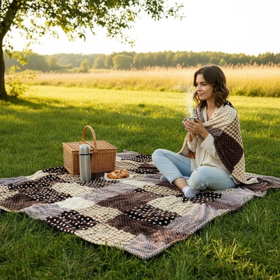 Bellatex KEMPING PLUS hnědá kostka lehká deka z mikrovlákna 150x200
