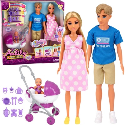 Anlily Collection rodinný set bábik s bábätkom, kočíkom a doplnkami