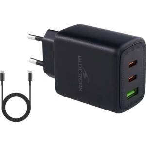 Bluestork Мрежово зарядно устройство Bluestork - PW-65-CCA-B (2xUSB-C, USB-A, 65W, 2 м кабел, черно) (PW-65-CCA-B)