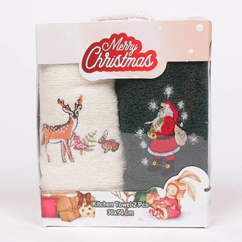 Image 1 of Коледни кърпи в цвят екрю и тъмнозелено с Дядо Коледа и елен