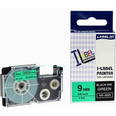 Compatible Съвместима лента с Casio XR-9GN1, 9mm x 8m черен печат / зелен фон (XR9GN)