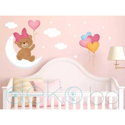 Мече момиченце с балонче върху луна - комплект (1586)