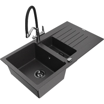 Mexen Matias гранитна кухненска мивка 1, 5 камери с отцедник и кухненски смесител Duo, черен на петна - 6502-76-671701-07-B (6502-76-671701-07-B)