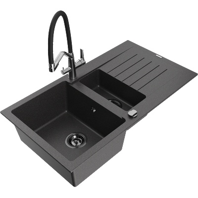 Mexen Matias гранитна кухненска мивка 1, 5 камери с отцедник и кухненски смесител Duo, черен на петна - 6502-76-671701-07-B (6502-76-671701-07-B)