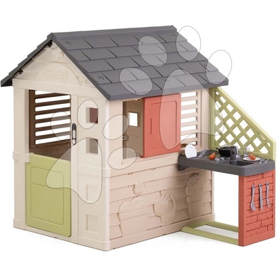 Smoby Domček s kuchynkou a 17 doplnkov Nature Playhouse&Kitchen Life rozšíriteľný 3 okná s 2 žalúziami a posuvnými okenicami