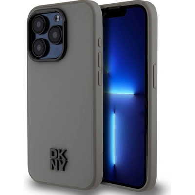 DKNY Stack Logo MagSafe Leather Hard Case - дизайнерски кожен кейс с MagSafe за iPhone 15 Pro Max (сив)