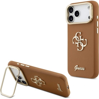 GUESS Дизайнерски кожен кейс с вградена поставка за iPhone 17 Pro Max - Guess PU Grained 4G Logo Stand Camera Frame Case (кафяв) (GUHCP17XPCS4GSW)