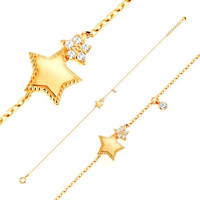 Šperky Eshop Náramek ve žlutém 14K zlatě dvě blýskavé pěticípé hvězdy a kulatý čirý zirkon S2GG137.20
