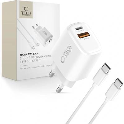 Tech-Protect nca45w-gan 2-port network charger pd 45w / qc3.0 + type-c cable white (5906302352814)
