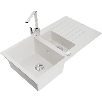 Mexen Matias гранитна мивка 1, 5-камерна с отцедник и кухненски смесител Rita, бял - 6502-20-670300-00 (6502-20-670300-00)