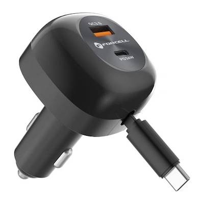 Forcell Зарядно за кола Forcell - F-Energy Alu, 75W, с прибиращ се USB-C кабел, черно (5903396387470)