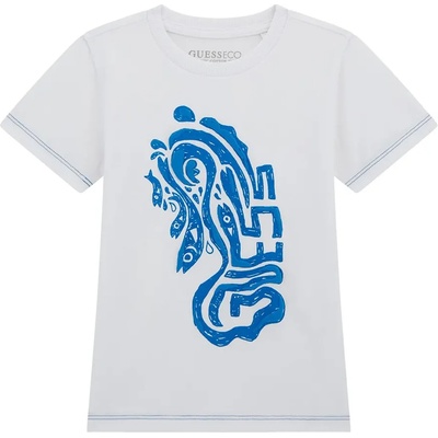 GUESS Тениска в бяло за мини момче с интересен син надпис Guess и рибки
