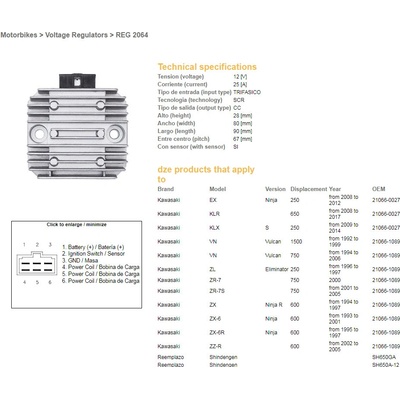 DZE regulátor napětí KAWASAKI VN 750 94-06; VN 1500 96-99; ZX 6 93-01; ZX-6R 95-97; ZR-7 (RGU-404,ESR260) (21066-1089, 21066-027) (SH650GA, SH650A-12)