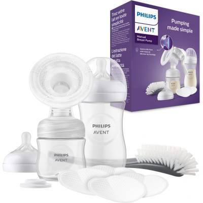 Philips AVENT Manual Breast Pump Gift Set - Single Breast Pump, 260ml and 125ml Baby Bottles, BPA Free, 4 Disposable Nursing Pads, Polypropylene, Transparent (Model SCD430/60)