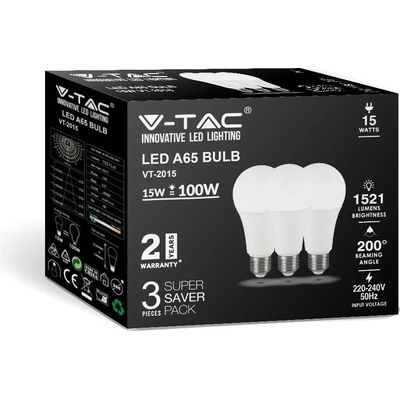 V-TAC LED žárovky 15W 1521lm A65 E27 balení 3 kusů Denní bílá