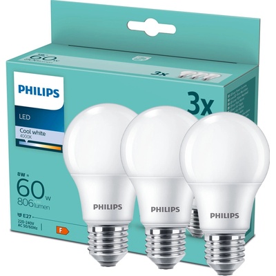 Philips LED 9W/60W 806lm A60 E27 4000K CW FR ND 3-set