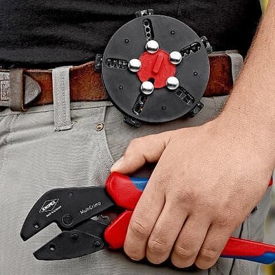 KNIPEX Клещи за кримпване на кабелни накрайници 0.5-25мм2 MultiCrimp, 5 челюсти, синьо-червена ръкохватка 250мм, с пружина, Knipex (K973302)