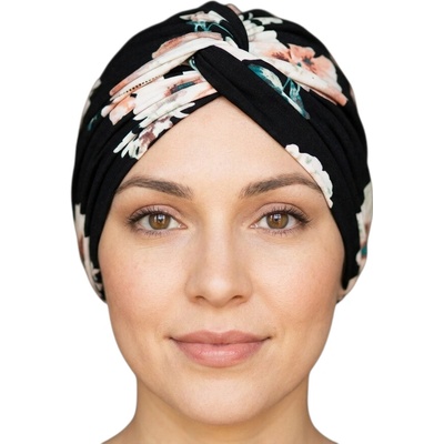 Turban na hlavu černý s květinami