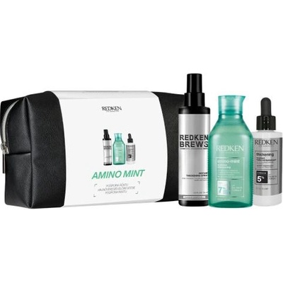 Amino-Mint Shampoo подаръчен комплект: шампоан Amino-Mint Shampoo 300 ml + спрей за коса Brews Instant Thickening Spray 125 ml + грижа за косата Thickening Treatment 90 ml + козметична чанта за жени