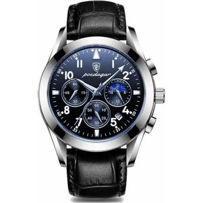 Poedagar Мъжки часовник Poedagar CS1338, каишка от естествена кожа, черен/сребърен, син циферблат (CS1338)