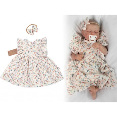Baby Nellys Mušelínové šatôčky čelenka 2-dielna sada Lúčne kvietky smotanové