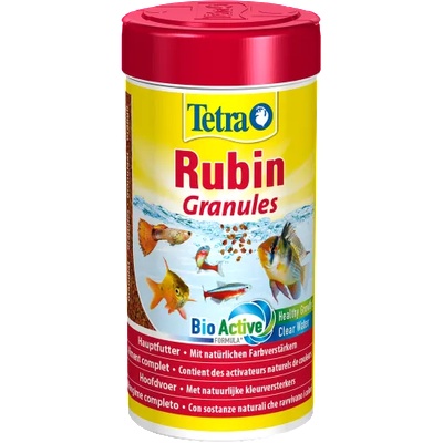 TETRA Rubin Granules - висококачествена комбинация от бавно потъващи гранули за ежедневно хранене на всички декоративни риби с естествени съставки, подобряващи цвета, усилва цветната жизненост на рибата