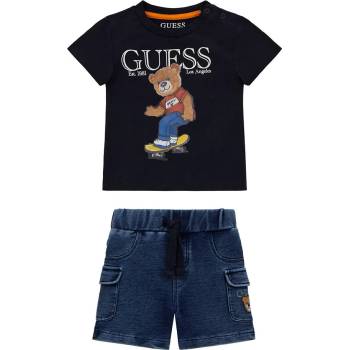 Guess Комплект с тъмно синя тениска с мече и къси деним панталонки за бебе момче Guess