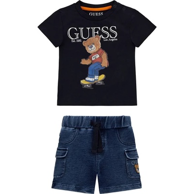 Guess Комплект с тъмно синя тениска с мече и къси деним панталонки за бебе момче Guess