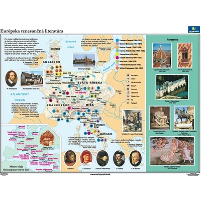 Európska renesančná literatúra Mapa (160x120 cm), nástenná, fóliovaná, lištovaná
