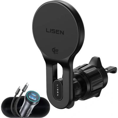 Lisen Стойка за кола с безжично зарядно Lisen W704 Pro (YL0225090003) - за вентилация, със зарядно, Type-C кабел, 25W, Qi2.2 - Черен