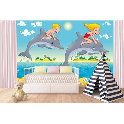 DIMEX ART Самозалепваща се флизелинова фототапета деца и делфин 375 x 250 см
