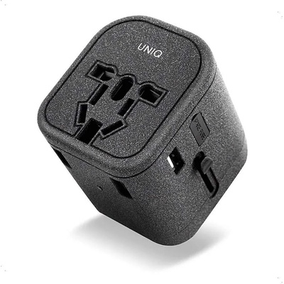 Uniq Voyage All in One World Travel Adapter - захранване с един USB-C и три USB изхода и преходници за цял свят в едно устройство за мобилни устройства (сив)