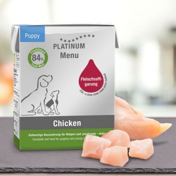 PLATINUM Мокра храна за подрастващи кученца Platinum Menu Puppy Chicken с 84% Пилешко месо, масло от сьомга и зеленчуци, 375 gr