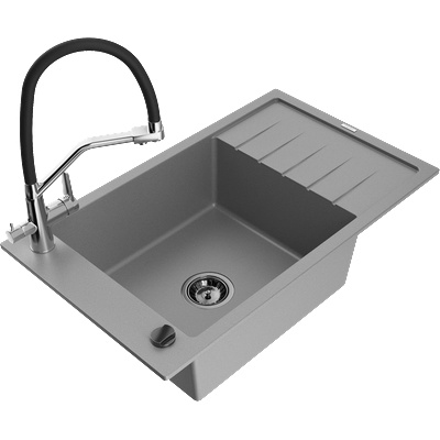 Mexen Elias кухненска мивка от гранит с 1 отделение и отцедник и кухненски смесител Duo, сив - 6511-71-671701-07-B (6511-71-671701-07-B)