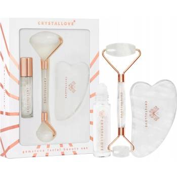 CRYSTALLOVE Súprava na tvár z krištáľu: roller + gua sha doštička + roll-on