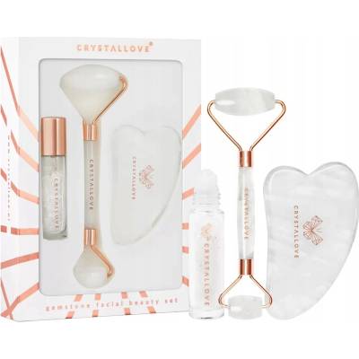 CRYSTALLOVE Súprava na tvár z krištáľu: roller + gua sha doštička + roll-on