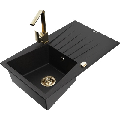 Mexen Cesar гранитна мивка с 1 камера с отцеждач и кухненски смесител Rita, черен - 6514-77-670300-50 (6514-77-670300-50)