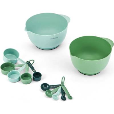 Mísy a odměrky KitchenCraft sada 12 ks stohovatelný set míchací mísy odměrky lžičky plast protiskluzové dno KCMIXMEAS12GR