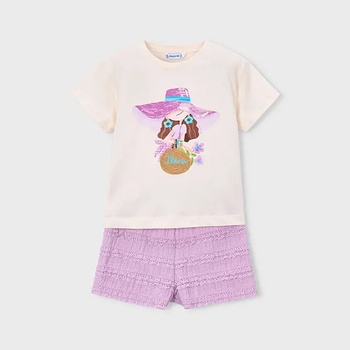Mayoral Комплект къс панталон фантазия в лилаво и бяла тениска с апликация за мини момиче Mayoral