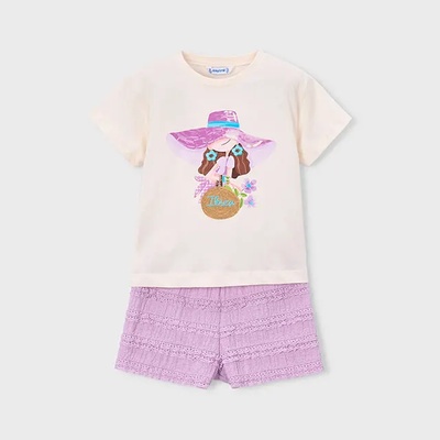 Mayoral Комплект къс панталон фантазия в лилаво и бяла тениска с апликация за мини момиче Mayoral