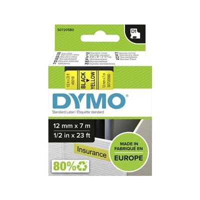 Dymo originál páska do tlačiarne štítkov, Dymo, 45018, S0720580, čierny tlač/žltý podklad, 7m, 12mm, D1