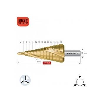Karnasch Стъпално свредло Ø 4-30 mm (x 4 mm), HSS-XE TiN-Gold, 3x спирален канал, BESTSELLER (213003)